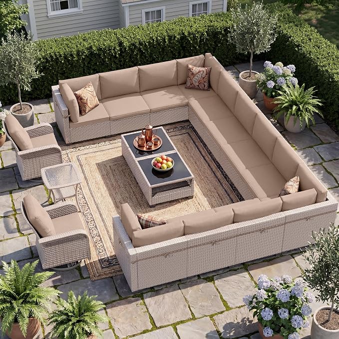 Patio Furniture Set, 17-Piece Outdoor Sectional Sofa with Swivel Rocker Chairs & 2-Layer Glass Coffee Table, Wicker Patio Conversation Set with Khaki Cushions