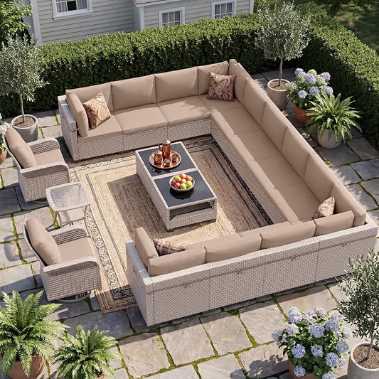 Patio Furniture Set, 17-Piece Outdoor Sectional Sofa with Swivel Rocker Chairs & 2-Layer Glass Coffee Table, Wicker Patio Conversation Set with Khaki Cushions