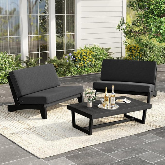Black Wood Patio Furniture Sets, 3 Pieces All Weather Patio Loveseat Sofa Outdoor Sectional Futniture Backyard Conversation Set with Solid Wooden Coffee Table - Dark Gray