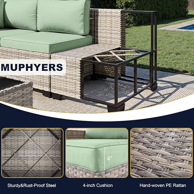 14-Piece Outdoor Patio Furniture Set, PE Wicker Rattan Sectional Sofa Conversation Set with Tempered Glass Table & Thick Cushions - All-Weather Garden, Backyard Furniture, Light Green