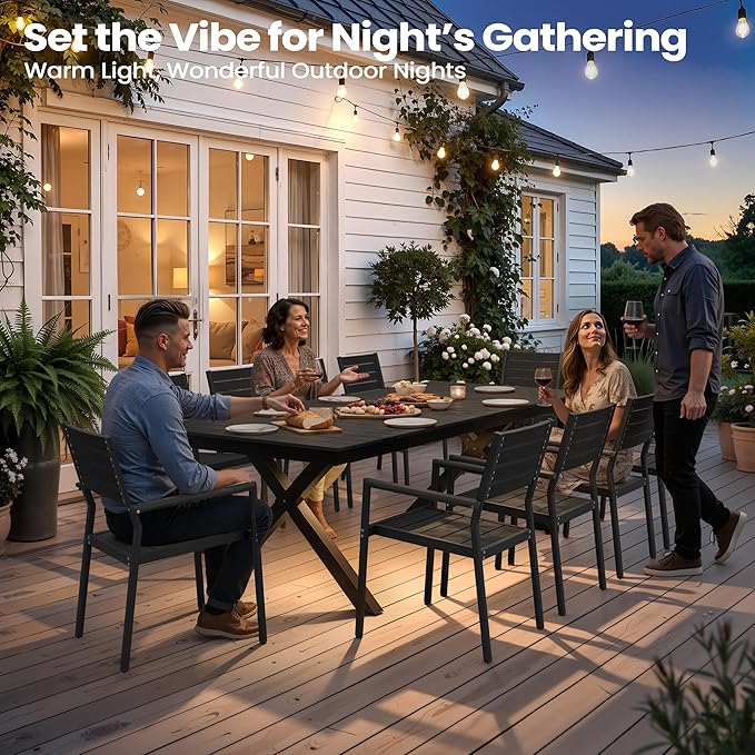 Pellebant 94" Outdoor Dining Table with LED Lights, 8-10 Person Aluminum Patio Table with Umbrella Hole, Sturdy Frame & 8ft Wood Grain Tabletop for Deck, Porch, Backyard