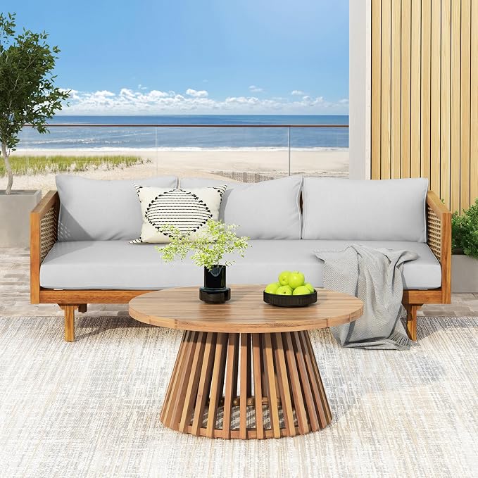Christopher Knight Home Charm Patio Conversation Set, 3 Seater Acacia Wood Sofa, Spacious Seating Wicker Armrest Chair, Wood Coffee Table, Round Side Table, Outdoor Furniture for Garden, Light Gray