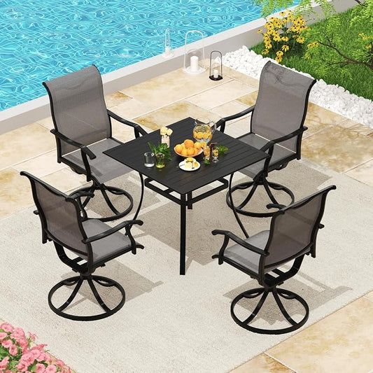 LVUYOYO 5-Piece Outdoor Patio Dining Set, Textilene Swivel Chairs & Square Table Set, All-Weather Table and Chairs Set with Umbrella Hole for Backyard, Garden,Balcony,Porch (Gray)