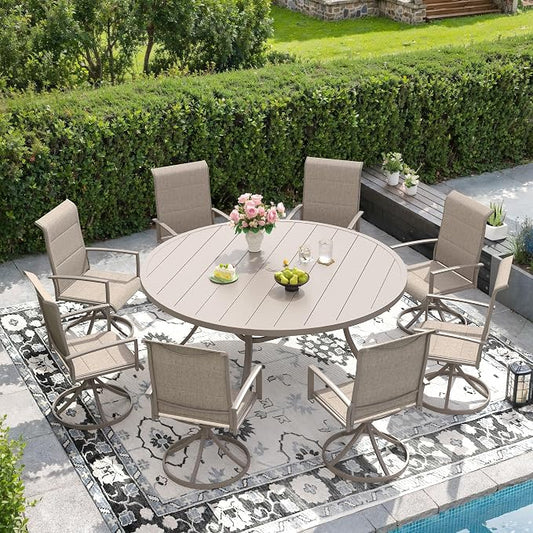 DIFY 9 Piece Outdoor Patio Dining Set for 8, 60" Round Metal Dining Table and Swivel Patio Chairs with Padded Textilene, All-Weather Outdoor Furniture Set for Garden Backyard Porch, Sandshell