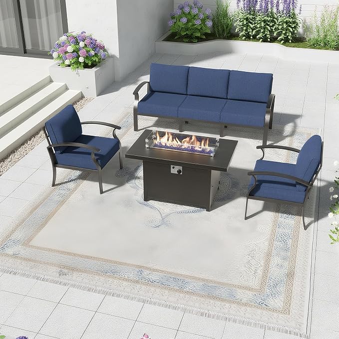Aluminum Patio Furniture Set with 55,000 BTU Propane Fire Pit Table,5 Seats Metal Modern Outdoor Furniture w/5.1" Cushions,Patio Sectional for Backyard,Patio,Navy Blue