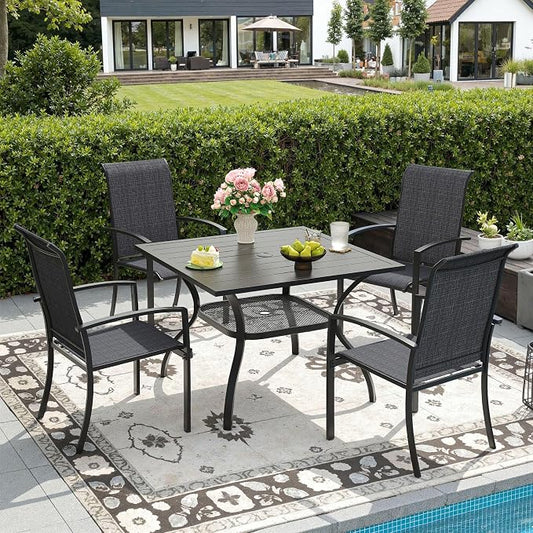DIFY 5 Pieces Outdoor Dining Set, Metal Patio Table and Chairs Set for 4 with Umbrella Hole, 37.8" Square Dining Table and Textilene Stackable Patio Chairs for Garden Backyard Poolside, Black