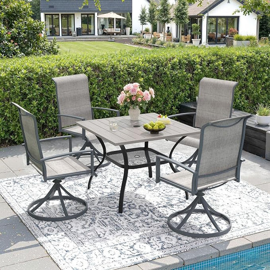 DIFY 5 Piece Outdoor Patio Dining Set for 4, 37.8" Grey Wood-Like Square Metal Dining Table and Swivel Patio Chairs with Grey Padded Textilene, All-Weather Outdoor Furniture Set for Garden Backyard