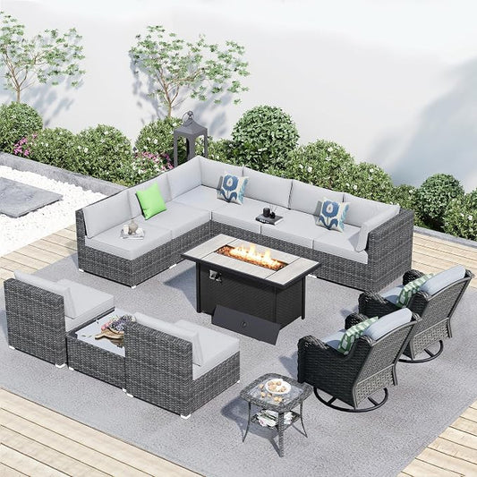HOOOWOOO Outdoor Patio Furniture with Fire Pit Set 13 Pieces Patio Set with Fire Pit Wicker Outdoor Furniture with Fire Pit Table Set Patio Sectional Set with Swivel Chairs,Gray
