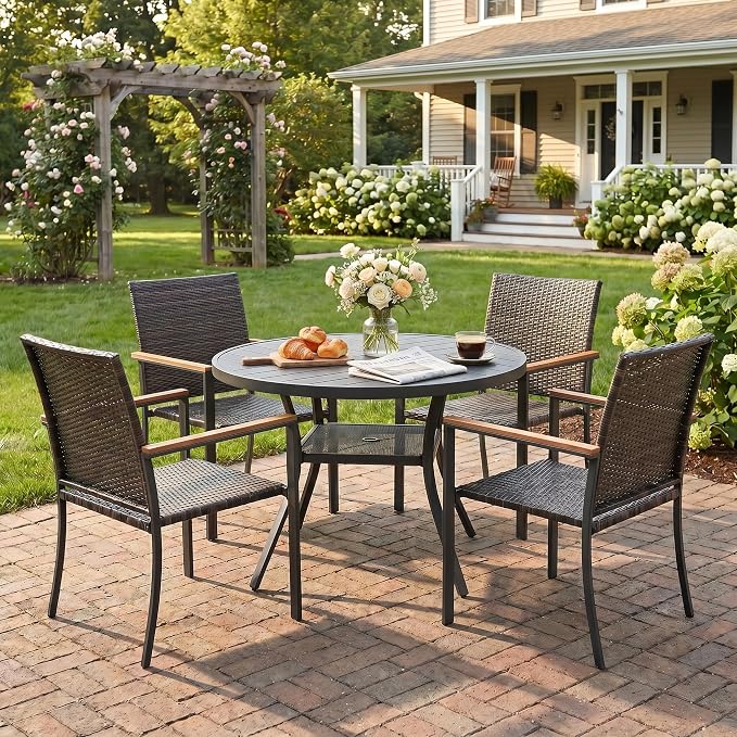 VICLLAX Patio Dining Set for 4, 40.7" Black Round Table & Rattan Chairs