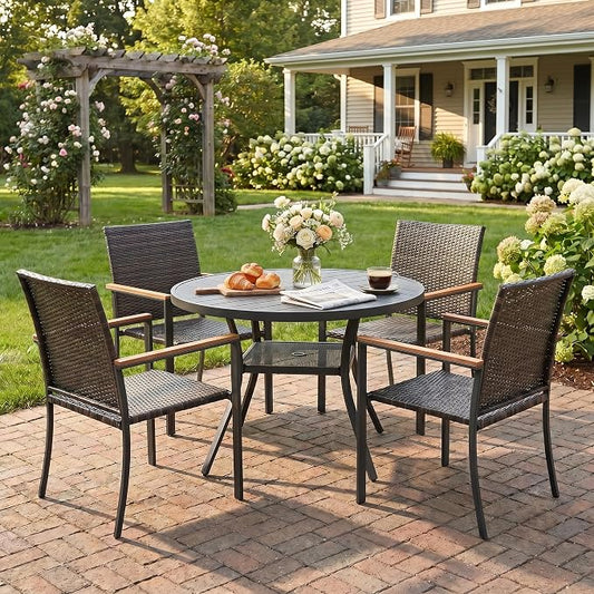 VICLLAX Patio Dining Set for 4, 40.7" Black Round Table & Rattan Chairs