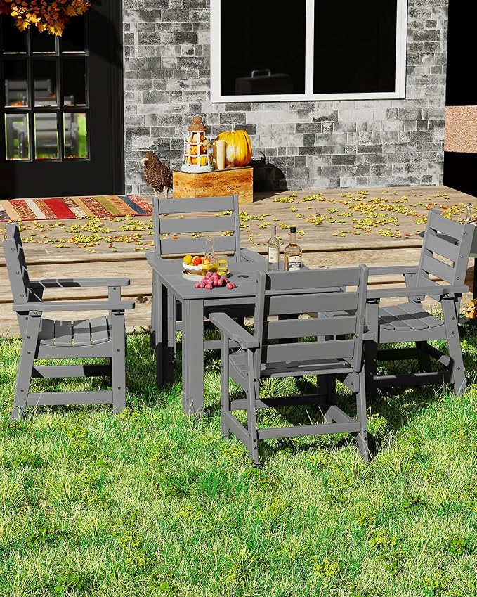 GREENVINES 5-Piece-Outdoor-Dining-Set | HDPE | Square | Patio Furniture | Table and Chairs Sets for 4 | All Weather | Umbrella Hole | for Backyard Poolside Garden | QuadraLuxe | Grey