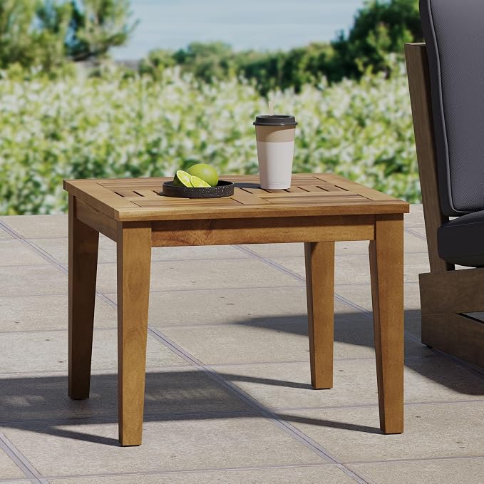 Outdoor Acacia Wood Side Table, 20x20 Inch Low Profile Patio End Table, Transitional Design for Porch, Deck, Poolside & Garden, 300 lbs Weight Capacity, Weather-Resistant - Teak