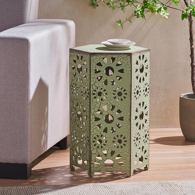 Metal Outdoor Side Table, Sunburst Cut-Out Design, Vibrant Color Addition, No Assembly & Lightweight, Patio Side Tables for Outside, Garden, Entertaining,Green