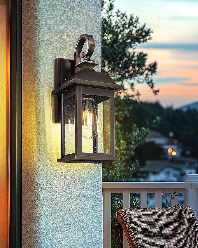 FEMILA 2-Pack Outdoor Wall Sconce Lights Oil Rubbed Bronze, 15" Exterior Outdoor Light Fixtures Wall Mount with Seeded Glass, for Front Porch Patio Garage, 4FD54B-2PK ORB