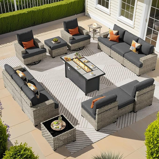 CAODOC 15-Piece Outdoor Sectional Sofa Set w/ 54" Fire Pit – L-Shaped Wicker Patio Furniture, Deep Seating & Swivel Rockers, Black