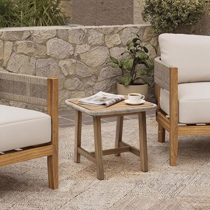 LuxenHome 17.5" Outdoor Side Table, Acacia Wood Patio End Table with Woven Wicker Trim, Small Outdoor Accent Tables for Patio, Balcony, Garden