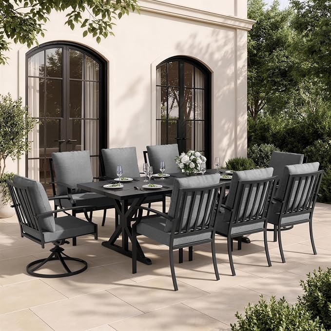 9 Piece Outdoor Dining Set for 8, Metal Patio Table and Chairs with Cushions, Patio Furniture Set with 2 Swivel Chairs, Rectangular Metal Dining Table with Umbrella Hole, Lawn Deck Yard-Grey