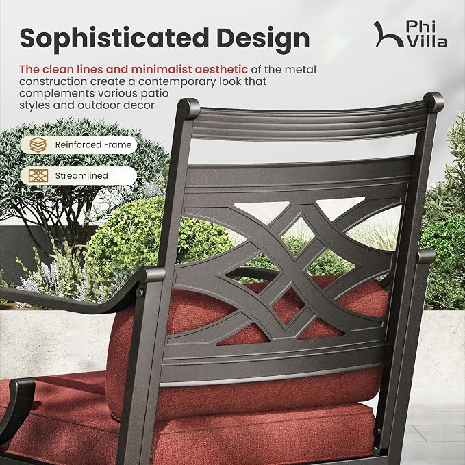 PHI VILLA Outdoor Dining Set with Umbrella for 4, 42" Metal Round Table & Wrought Iron Swivel Chairs, Patio Furniture with Red Cushions & Pillows for Deck, Porch