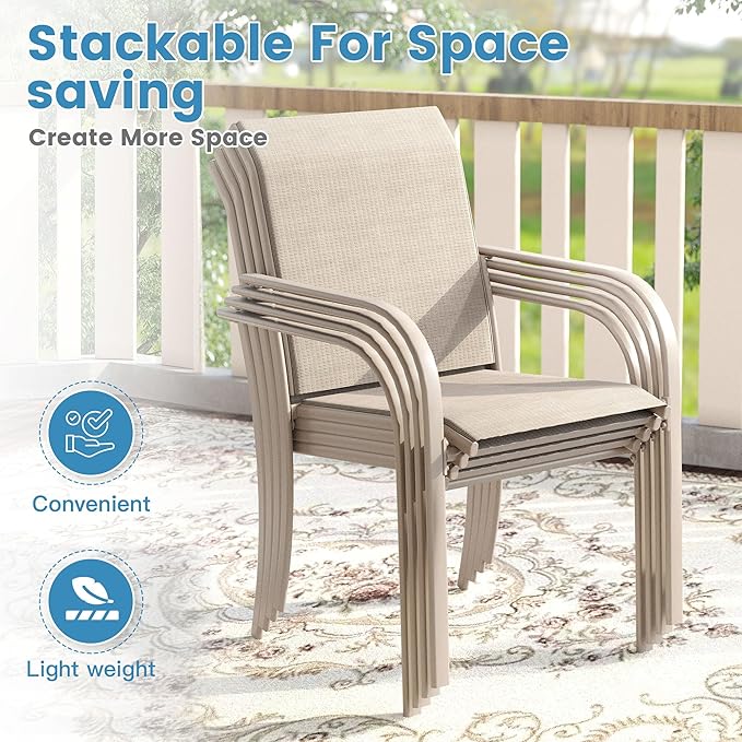 DIFY Patio Dining Set for 6, 7 Piece Outdoor Table and Chairs Set, 47.2" Round Metal Patio Dining Table and 6 Textilene Stackable Patio Chairs, for Backyard Garden Poolside, Sandshell