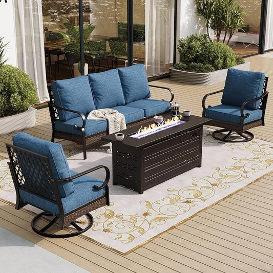SUNSHINE VALLEY 4 Piece Black Metal Outdoor Patio Furniture Sets with Firepit Table, Patio Conversation Sets 1 3-Seater Sofa, 2 Swivel Sofa with 5.75" Thick Cushion Backyard Furniture for Deck, Blue-2