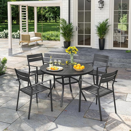 VICLLAX 5 Pieces Outdoor Patio Dining Set, Stackable Patio Chairs and Outdoor Table Set, 40.6" Round Table with Umbrella Hole and 4 Stackable Chairs for Lawn, Garden, Porch, Black