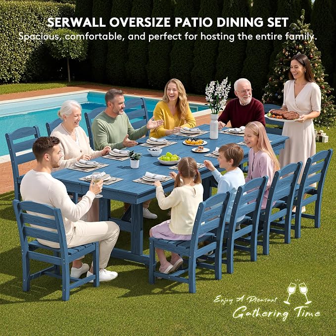 SERWALL 10 Piece Outdoor Dining Set with 15ft Triple-Head Foldable Umbrella(Based not Included), 84" HDPE Outdoor Table and Armless Chairs Set for 8, Blue