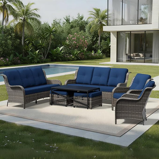 Joyside 7 Piece Wicker Patio Furniture Set, Rattan Patio Chairs with High Back, Deep Seating, Wide Armrest, Thickened Cushions, Outdoor Furniture for Deck, Porch Use