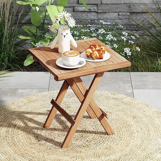 Tangkula Patio Folding Side Table, Teak Wood Square Patio Table with X-Shaped Legs & Slatted Tabletop, Portable & Compact Outdoor Indoor Use for Backyard, Deck, Lawn
