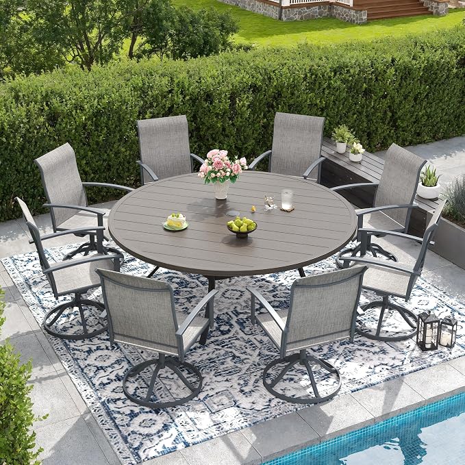 DIFY 63" Round Outdoor Patio Dining Table for 8-10, Metal Patio Table with 1.57" Adjustable Umbrella Hole, All-Weather Outdoor Furniture Table for Garden Backyard Deck, Grey Wood-Like