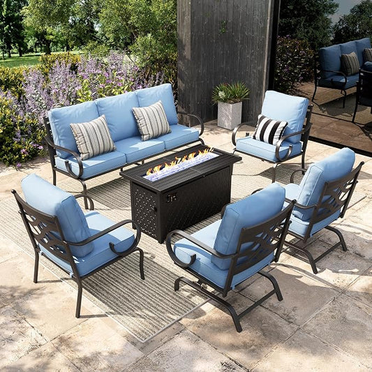 Sophia & William Patio Conversation Set for 7, 3-Seater Sofa, 2 Fixed Chairs, 2 Rocking Chairs and a 45" Fire Pit Table, Metal Outdoor Furniture with 5.75" Extra Thick Cushions, Blue