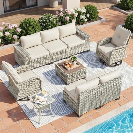 9-Piece Outdoor Patio Furniture Set with Rocking Swivel Chair Wicker Sectional Sofa Set, Patio Conversation Set with Thickened Cushions & Coffee Table for Garden, Backyard, White
