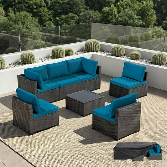 Patio Furniture Set - All-Weather - 7 Piece Patio Outdoor Conversation Set, Modular Wicker Rattan Sectional Sofa for Backyard, Garden, Poolside, Balcony, Porch, Patio,Black/Peacock Blue