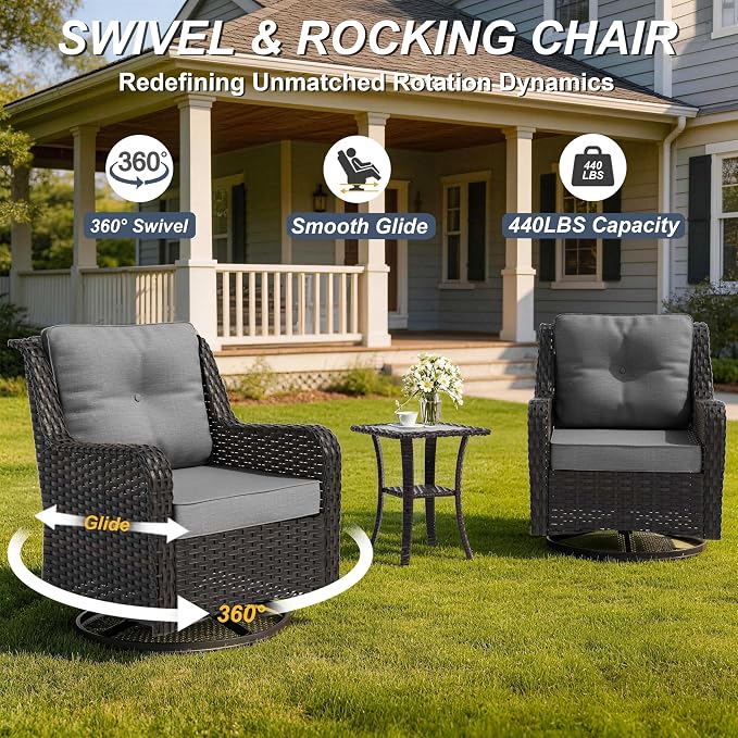 7-Piece Patio Furniture Set, Thick Wicker Outdoor Furniture Set with 2 Swivel Chairs, Outdoor Sectional Sofa Couch with Fire Pit Table, Patio Conversation Set for Backyard, Porch, Deck, Grey