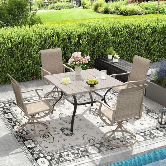 DIFY Patio Table and Chairs Set for 4, 5 Piece Outdoor Dining Set, 37.8" Grey Wood-Like Square Metal Dining Table with Umbrella Hole and 4 Sandshell Textilene Swivel Patio Chairs, for Garden Backyard
