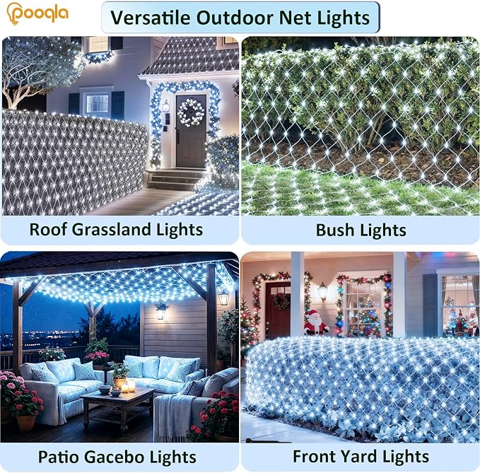 Pooqla Cool White Net Lights, 15x 5ft Christmas Lights Outdoor Green Wire | 300 LED Large Net Mesh Lights Plug in, 8 Modes Waterproof Connectable Bushes Lights for Christmas Hedge Yard Decor