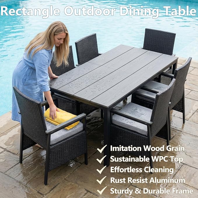 7 Piece Patio Dining Set, Outdoor Dining Table Set for 6, Aluminum Outdoor Dining Sets with Removable Cushions, Space Saving Rectangular Dining Table and Patio Chairs for Balcony/Deck, Black