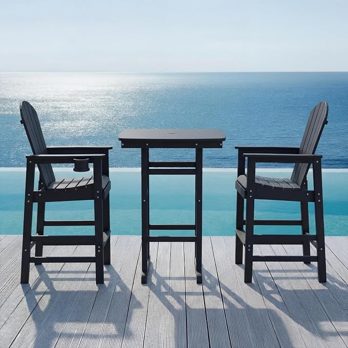 3-Piece HDPE Bar Height Table and Chairs Set, 42.1" Square High Top Pub Table with Umbrella Hole, 2 Adirondack Charis with Cup Holders, Outdoor Patio Dining Set for Bistro Backyard Deck Black