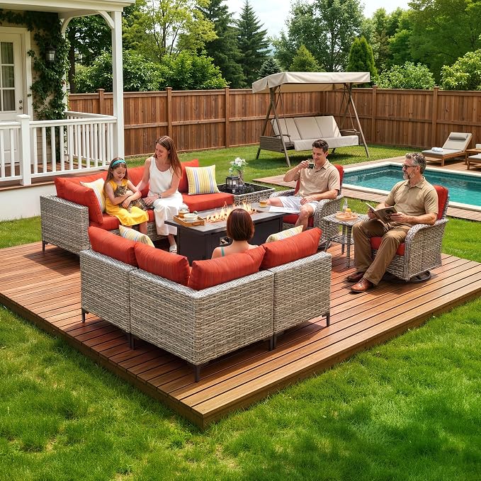 CAODOC 11-Piece Outdoor Sectional Sofa Set w/ 54" Fire Pit – L-Shaped Wicker Patio Furniture, Deep Seating & Swivel Rockers,Red-Striped