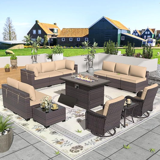 Patio Furniture Set with Fire Pit Table 13 Pieces Outdoor Swivel Rocking Chairs Sofa Set,PE Rattan Wicker Patio Conversation Set w/43in 55000 BTU Propane Fire Pit Table,Sand