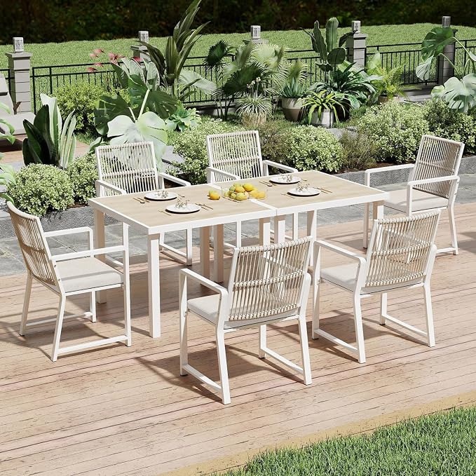 8 Pieces Metal Outdoor Dinning Set Featuring 2 Tables and 6 Ratten Chairs Waterproof and Rust-Proof Courtyard Style Table Garden Balcony Poolside, White 8 Pcs