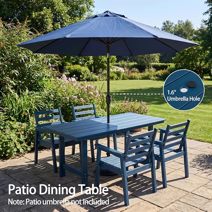 10-Piece Outdoor Dining Set, All-Weather HDPE Patio Furniture, Two 66.5" Slatted Table with 1.6" Umbrella Hole & 8 Ergonomic Armchairs, Heavy Duty 350lbs Capacity, UV Resistant, Blue