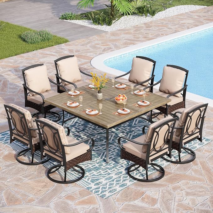 PHI VILLA 9-Piece Outdoor Dining Sets, 57.5“ All-Weather Patio Table and Chairs Set for 8, Heavy Duty Patio Table Set Square for Deck, 8 Extra Large Outdoor Swivel Chairs with Thick Cushions