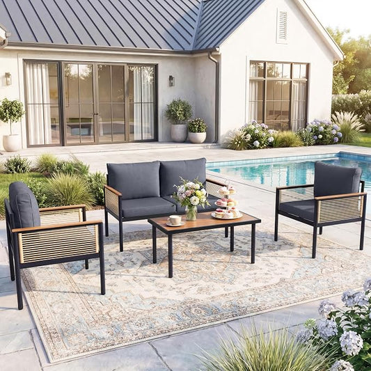 4 Pieces Patio Furniture Set, Outdoor Furniture Set with Table and Chairs, Metal Patio Conversation Sets with Thick Waterproof Cushions for Backyard, Garden, Poolside, Dark Grey (4 Seats)