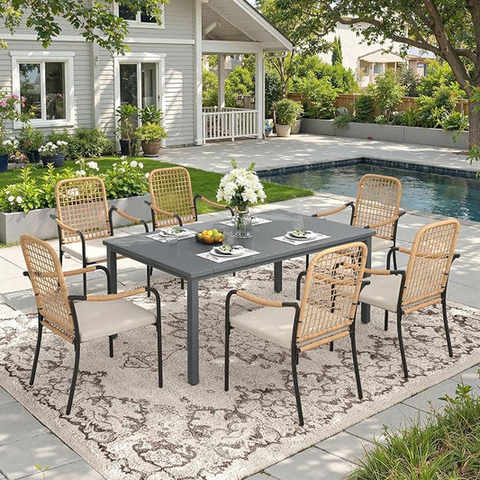 DIFY 7 Pieces Outdoor Dining Set, Metal Patio Table and Chairs Set for 6, 63" Rectangle Dining Table with Umbrella Hole & Wicker Stackable Patio Chairs with Cushions, Grey Tabletop
