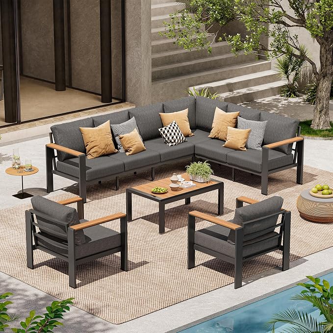 Aluminum Outdoor Patio Furniture Set, 8 Seats Patio Conversation Sets, Oversized Outdoor Sectional with Washable Thick Cushions & Coffee Table for Backyard, Garden and Poolside, Graphite
