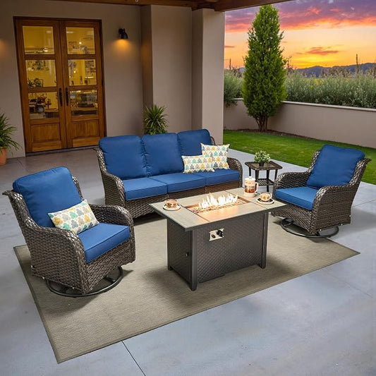 ovios 5-Piece Patio Furniture Set with Swivel Chairs Side Table, Outdoor Wicker Sofa with 42" Fire Pit Table, High Back Couch Modern Conversation Sets, Brown/Navy Blue