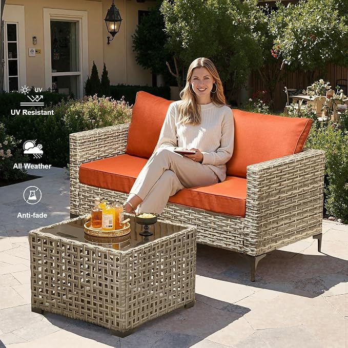 Outdoor Patio Furniture Sets,11 PCS Patio Conversation Set Outside Rattan Sectional Sofa with 54 in Fire Pit Table Wicker Rocking Chair Coffee Table Fit Backyard Porch Garden Poolside Balcony