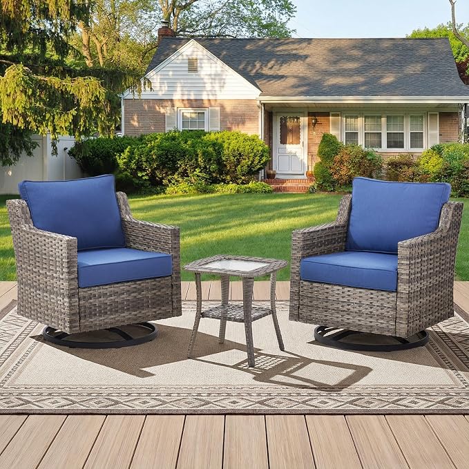 Belord Patio Wicker Swivel Rocker Patio Chairs with Side Table, Outdoor Rattan Chairs for Deck Porch Garden, 3 Piece Luxury Patio Furniture Set, Blue