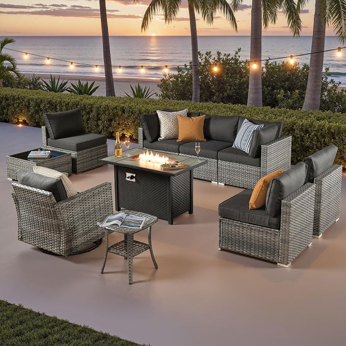 ovios 10 Piece Outdoor Patio Furniture Set with Fire Pit Table,Conversation Sectional Wicker Couch with Swivel Chairs,Modern Outside Sofa for Balcony Backyard, Black