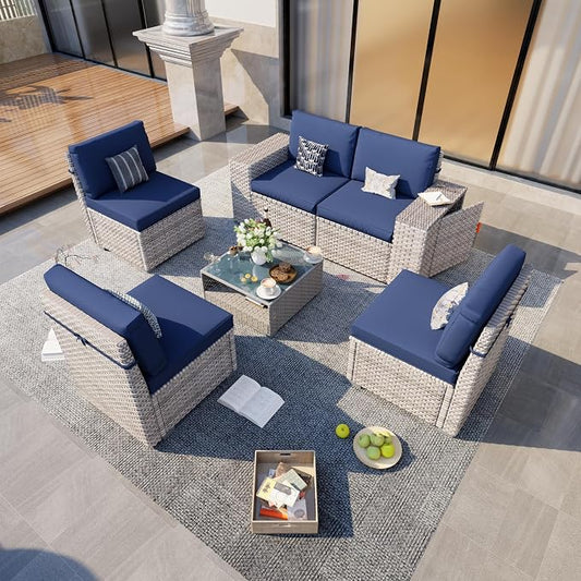 6-Piece Patio Furniture Set, Outdoor Extra Wide Armrest Modular Patio Sofa, Dual-Strand Rattan Wicker, Rust-Resistant Frame, Backyard High Back, Large Seat Furniture for Porch Garden Balcony, Blue